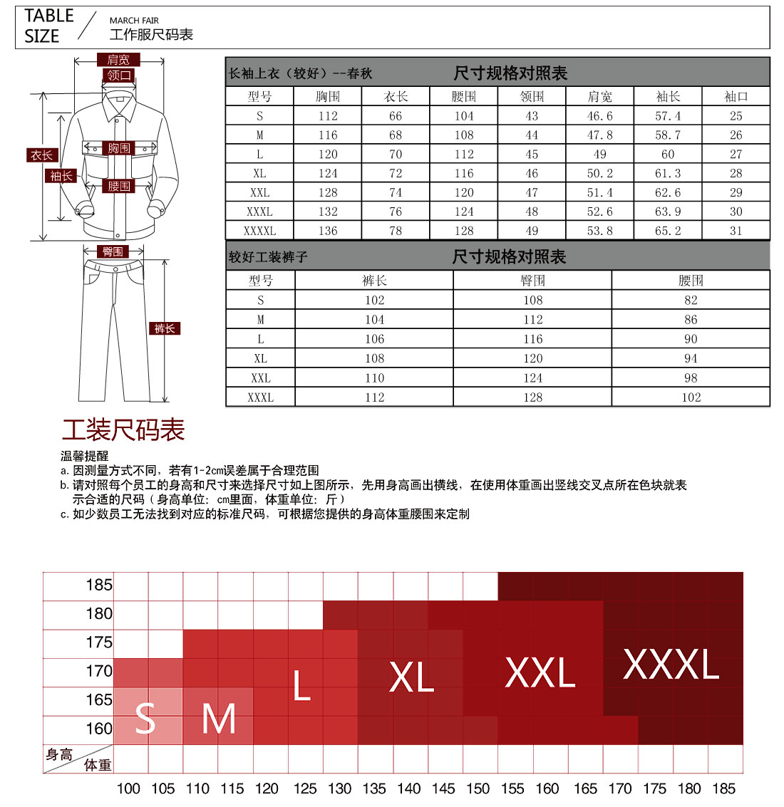 工作服尺码表